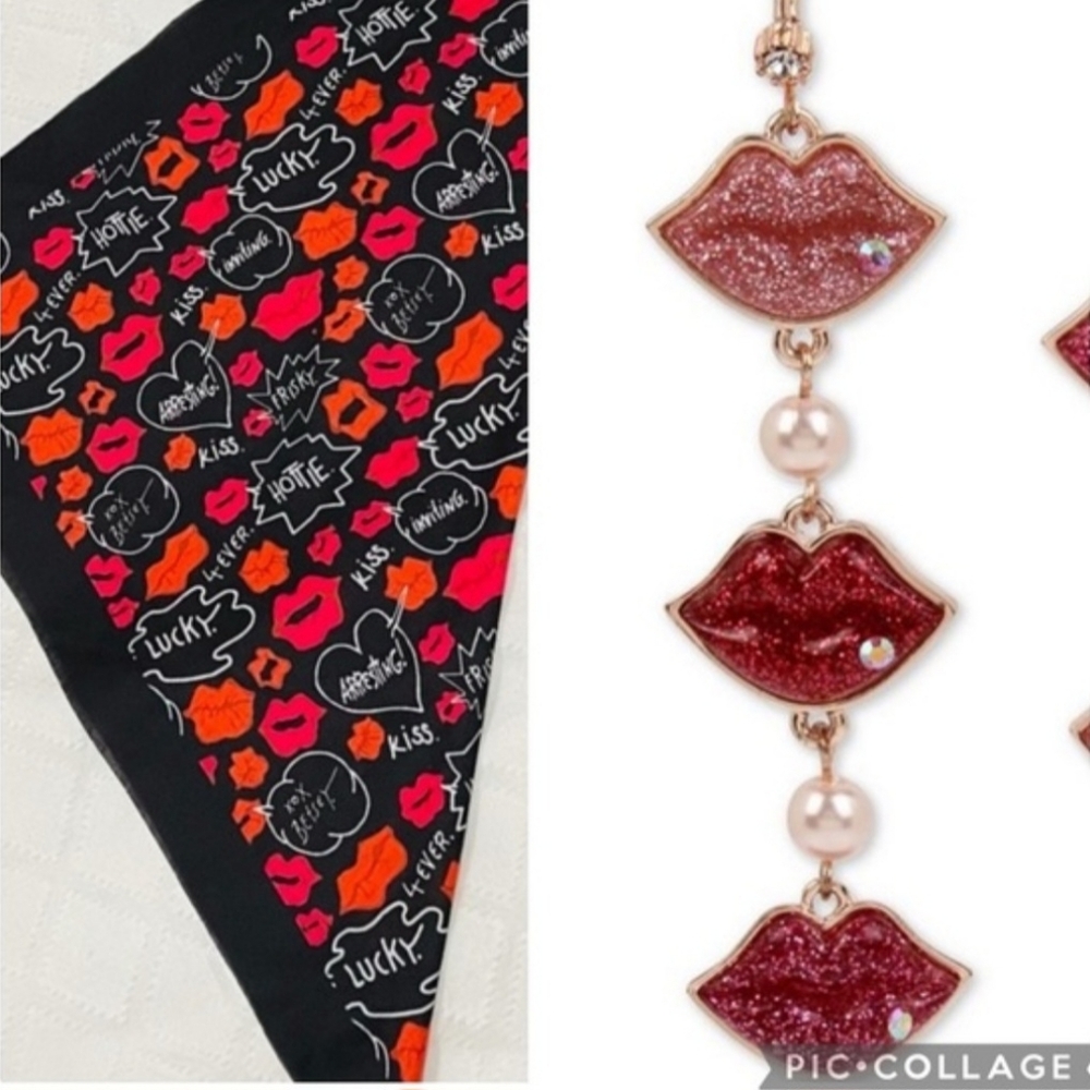 New Betsey Johnson lips earrings and scarf